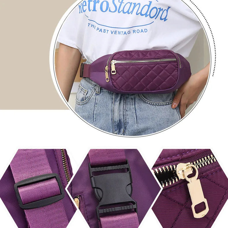 Rhombus nylon fanny pack for women in solid colour with zipper pockets and single soft handle for crossbody or waist wear.