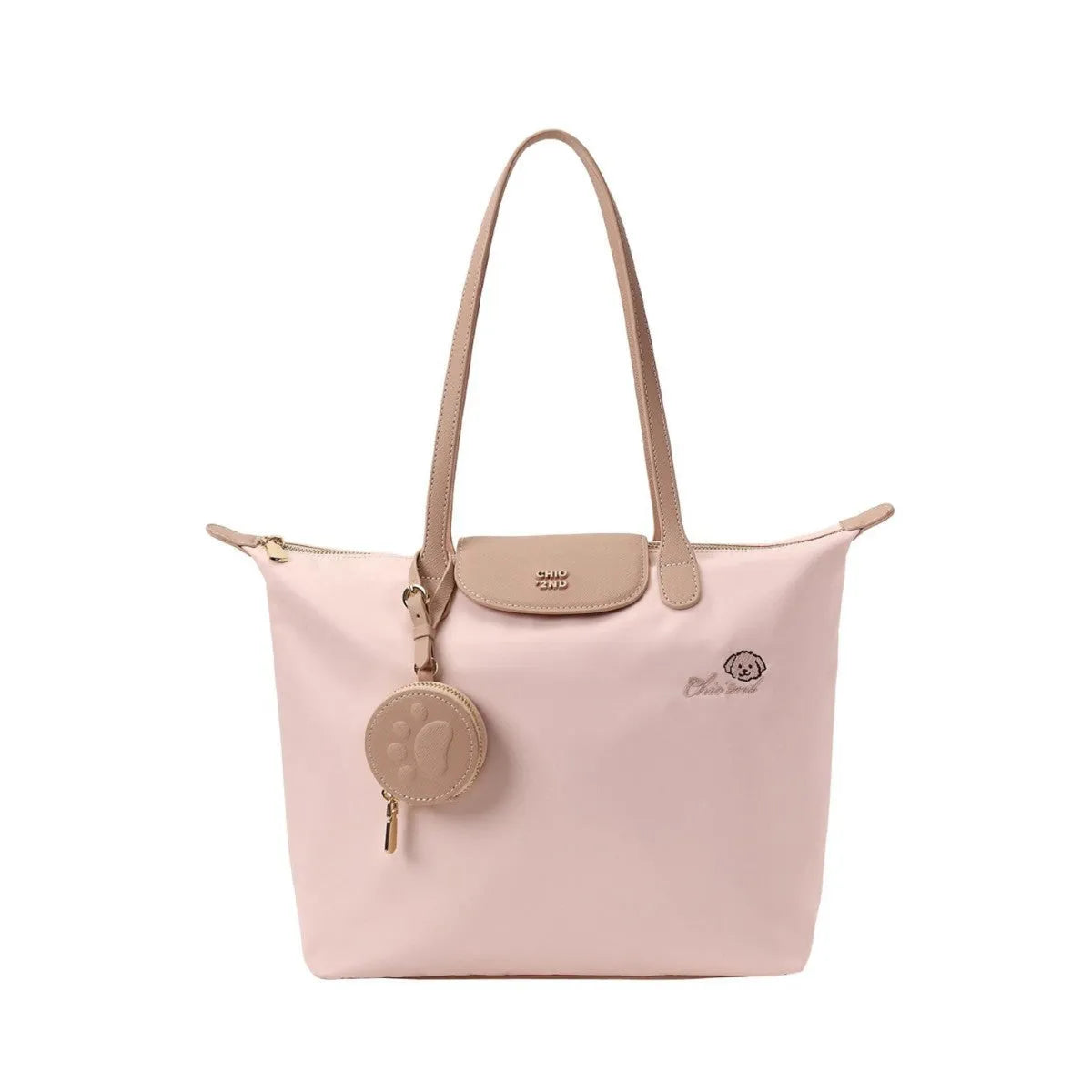 Pink Oxford cloth tote bag with sandwich pocket and shoulder strap showing sewing thread detailing
