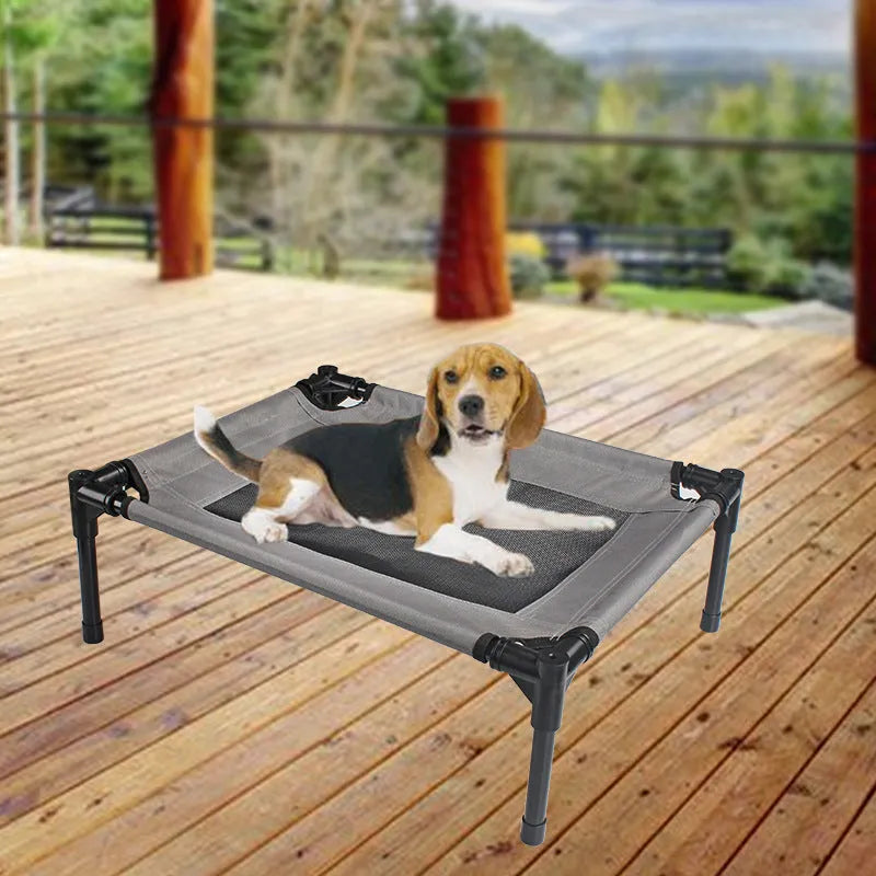 Black outdoor portable dog bed with steel frame and removable Oxford cloth cover