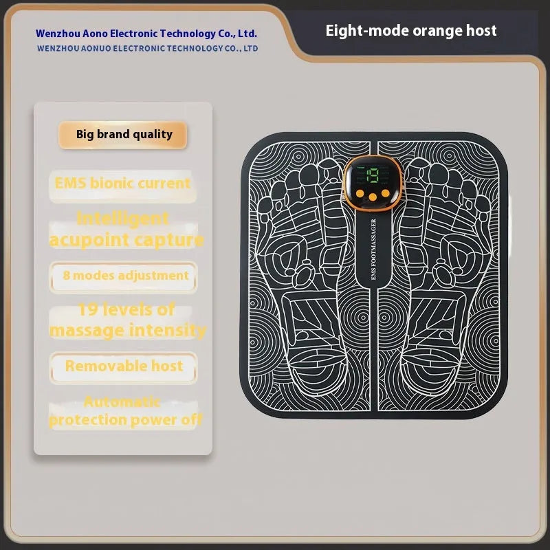 Reflexology foot massager mat with USB charging, showing blue foot pad and push-button controls for 8 modes and 19 intensity levels