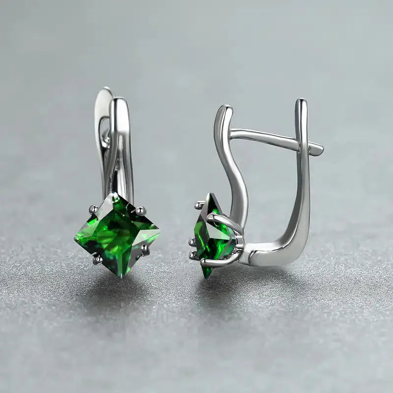 Copper earrings with inlaid zircon diamond design in blue, green, and colour variants for women
