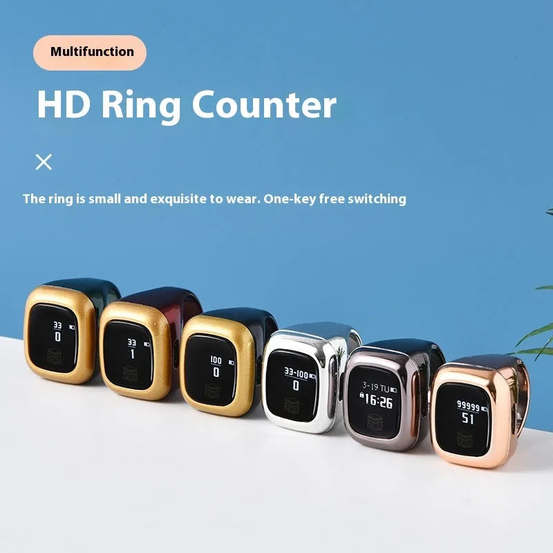 Al-fatiha Zikr electronic counter on wrist with digital display showing count, available in black, space grey, rose gold, silver, wine red, green.