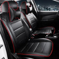 Car seat cover in cow leather with binding style, shown in beige and black with red accents