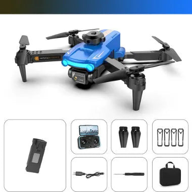 Black or blue dual-lens toy drone with four-channel remote, optional optical flow positioning, and 4K-listed camera