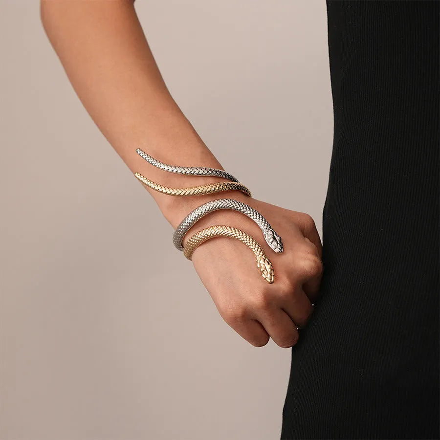 Gold and silver exaggerated twisted winding snake opening ring and bracelet jewellery set