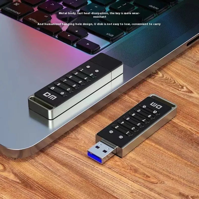 Metal encrypted USB 3.0 flash drive with fingerprint scanner, 64GB capacity, dimensions 84mm x 25mm x 11mm