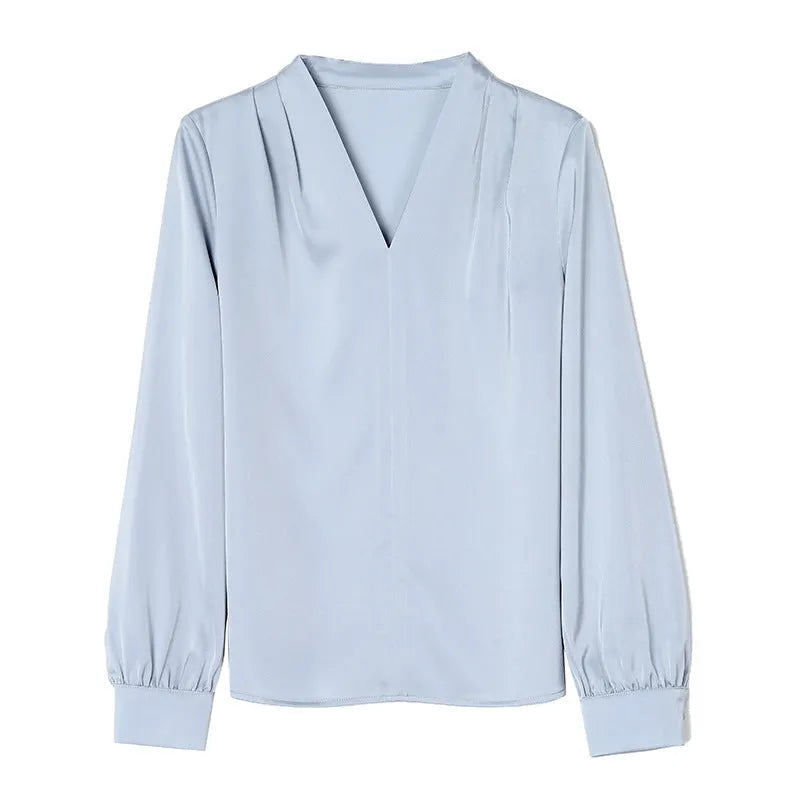Women's blue slim fit long sleeve shirt with 3D stitching detail on mixed colour satin fabric