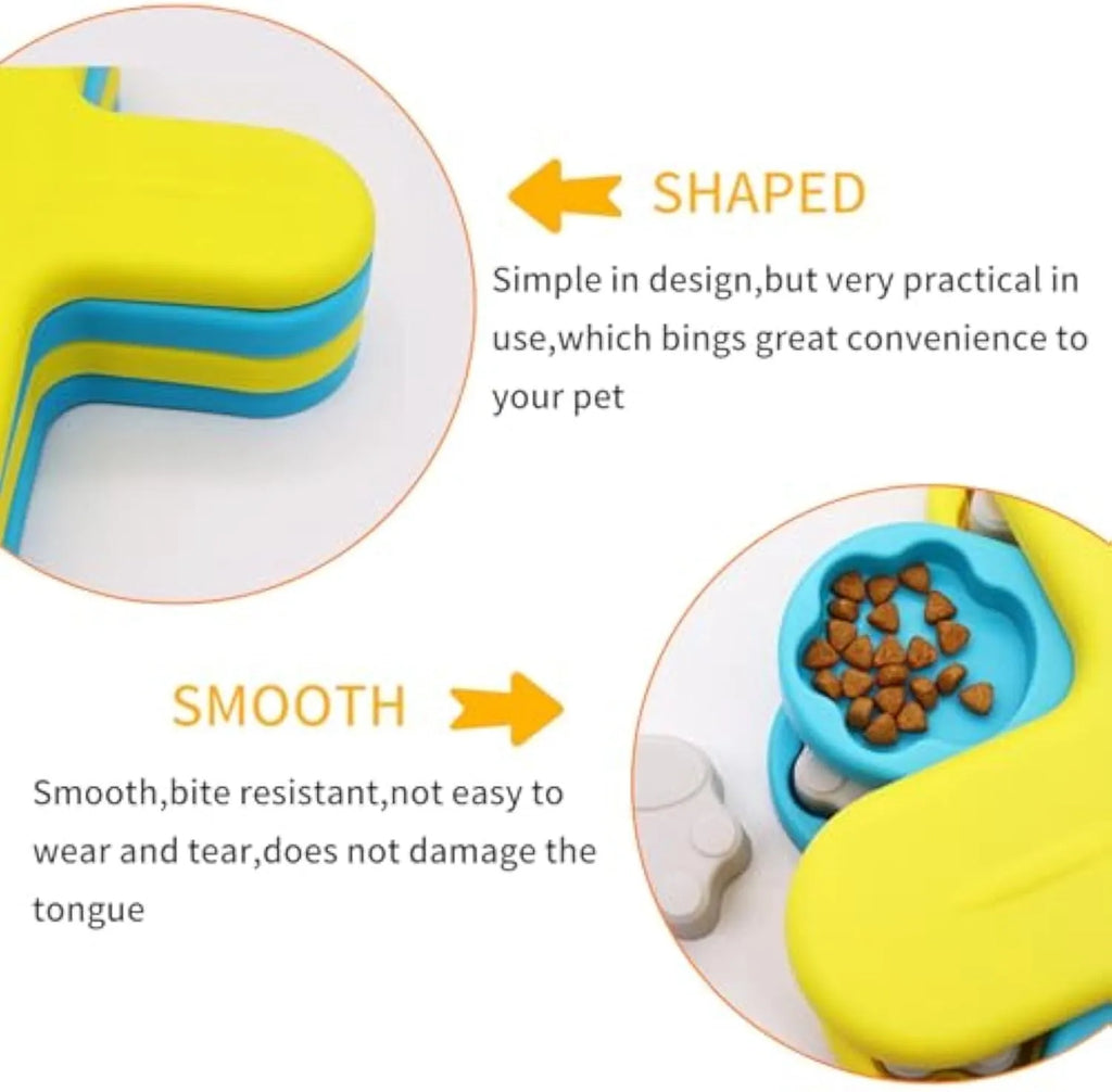 Yellow dog puzzle feeder with three rotating layers and claw-shaped lids for interactive feeding