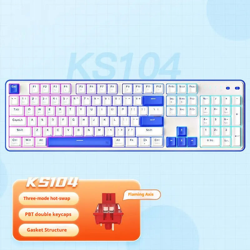 Red Dragon mechanical keyboard with 104 keys in black white colour and RGB backlighting on a desk