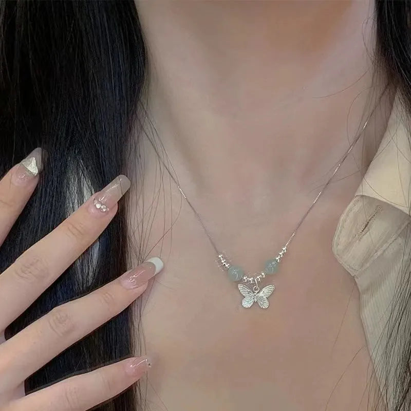 Hetian jade butterfly copper bracelet and necklace set with silver electroplating for women