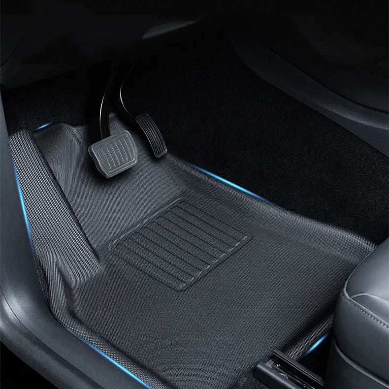 TPR car floor mats for Tesla Model Y showing foot mats and storage box protection