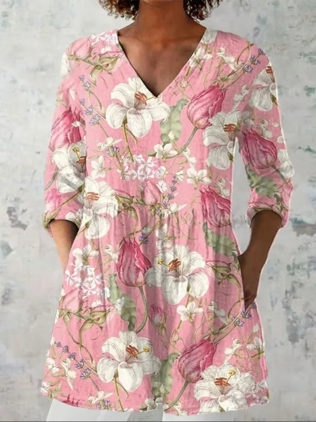 Women's retro slim fit long-sleeved top with digital printing, available in multiple colours and sizes S to 5XL
