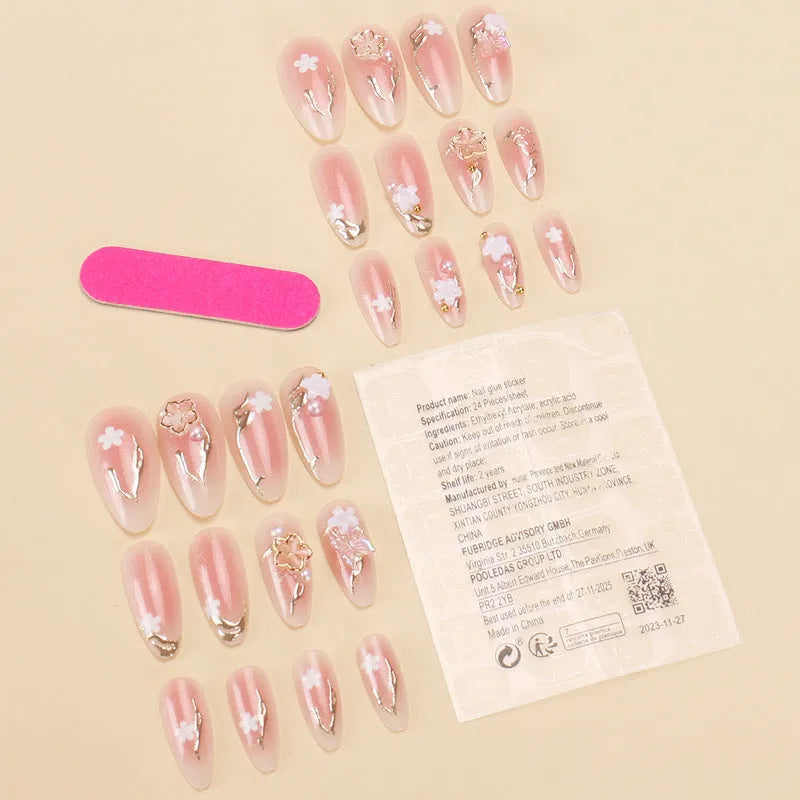 Gold silk butterfly design nail art extensions with floral and starry sky patterns, 24-piece set.