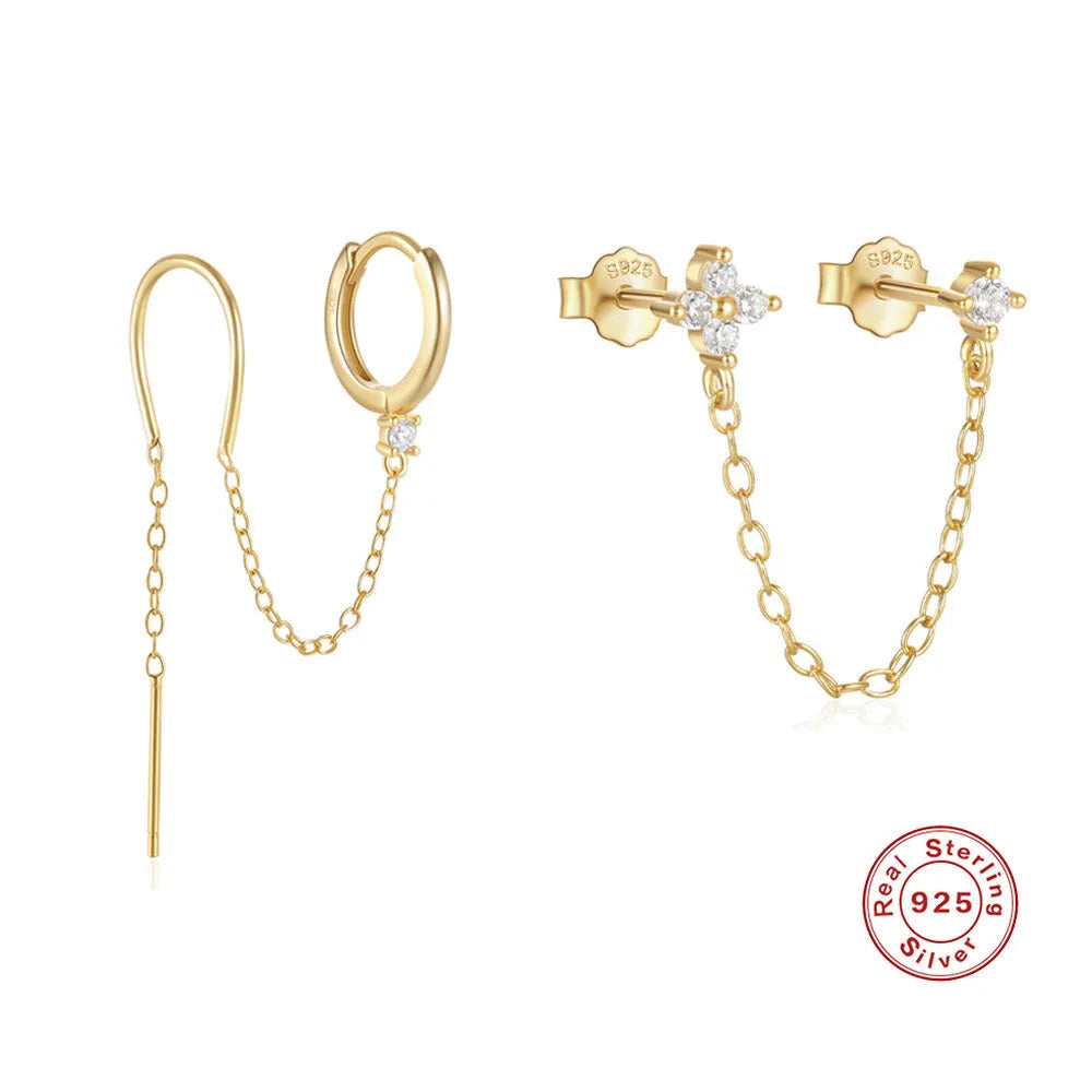 S925 sterling silver earrings with geometric flower design and tassel chain, electroplated gold finish, ear clip stud back