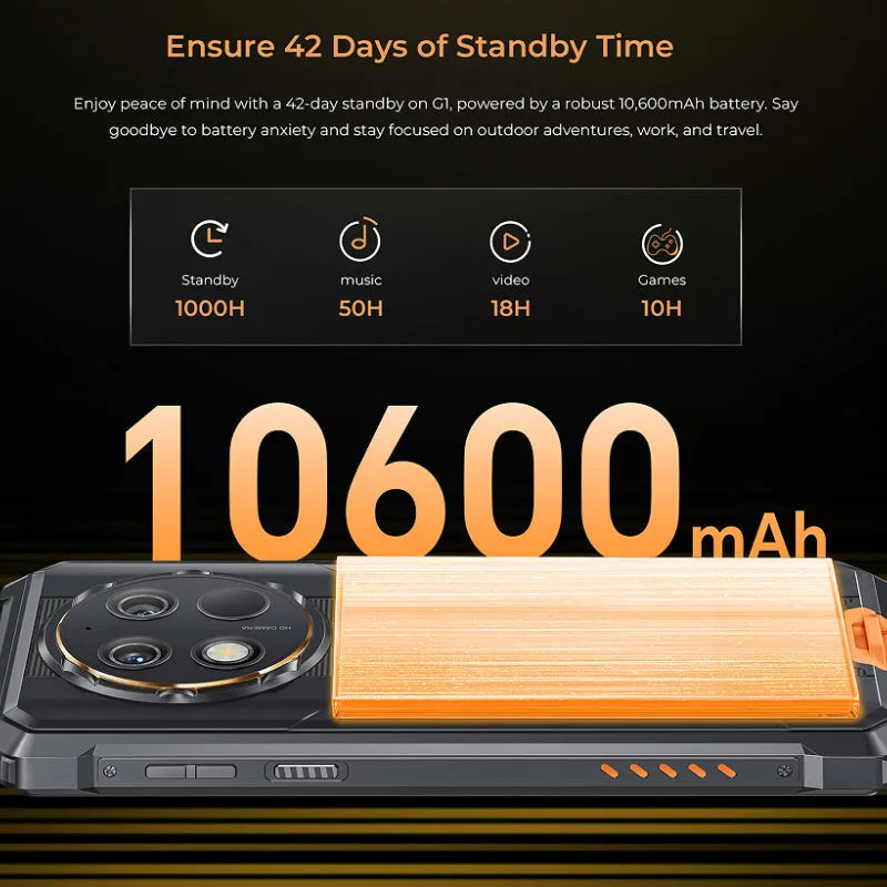 OUKITEL G1 mobile phone in grey, green, or orange colour on a plain background.