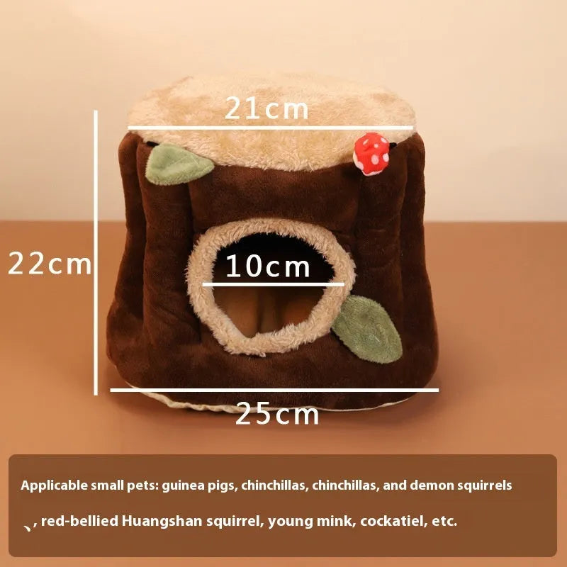 Brown cloth hanging rabbit nest with suspended stump design for indoor cages
