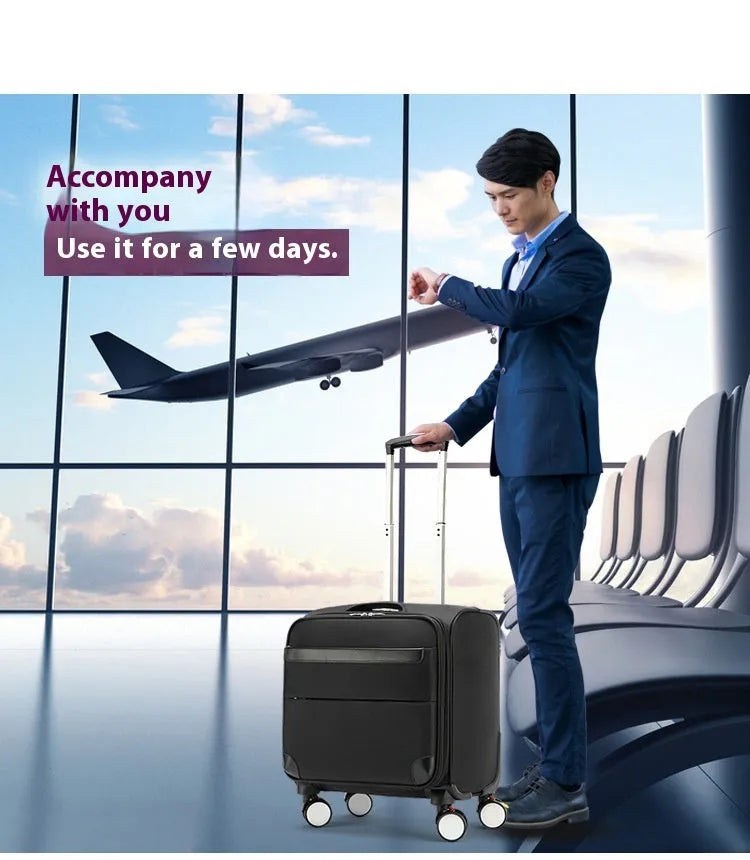 18-inch black business luggage with Oxford cloth material, universal wheels, and retractable handle