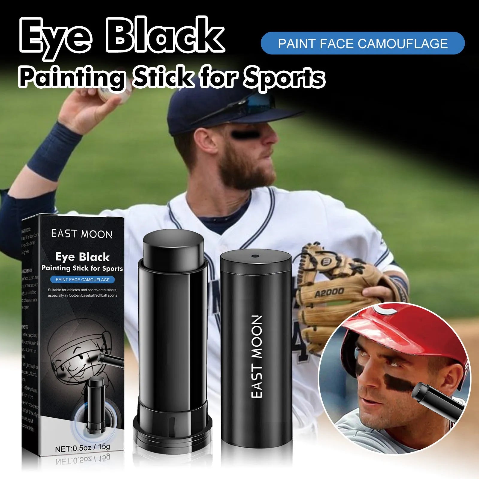 15g sports eye black paint stick in compact 8.6cm packaging for athletic glare reduction