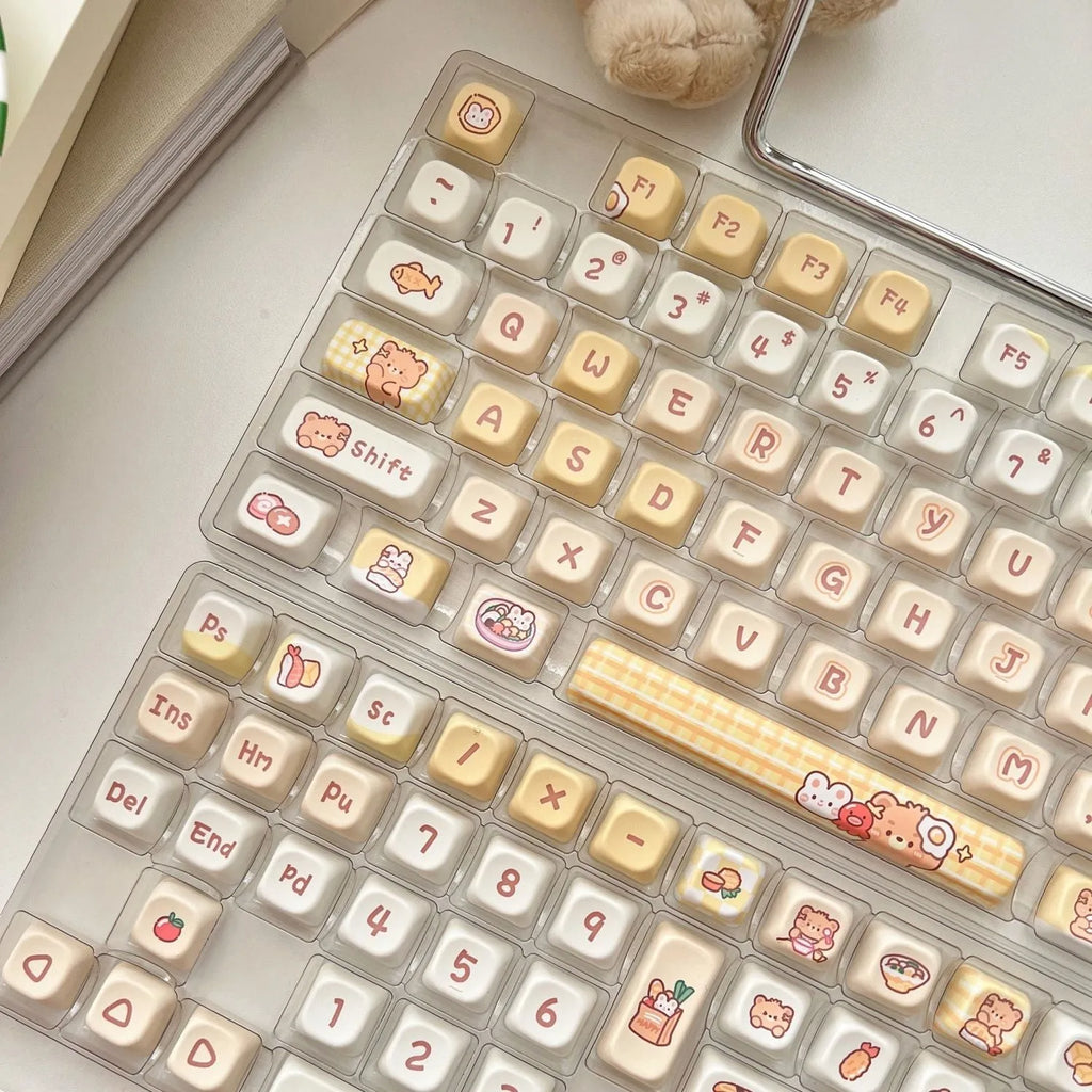 Rabbit Bear Restaurant themed keycaps with EOA height profile, made from PBT plastic using heat sublimation printing