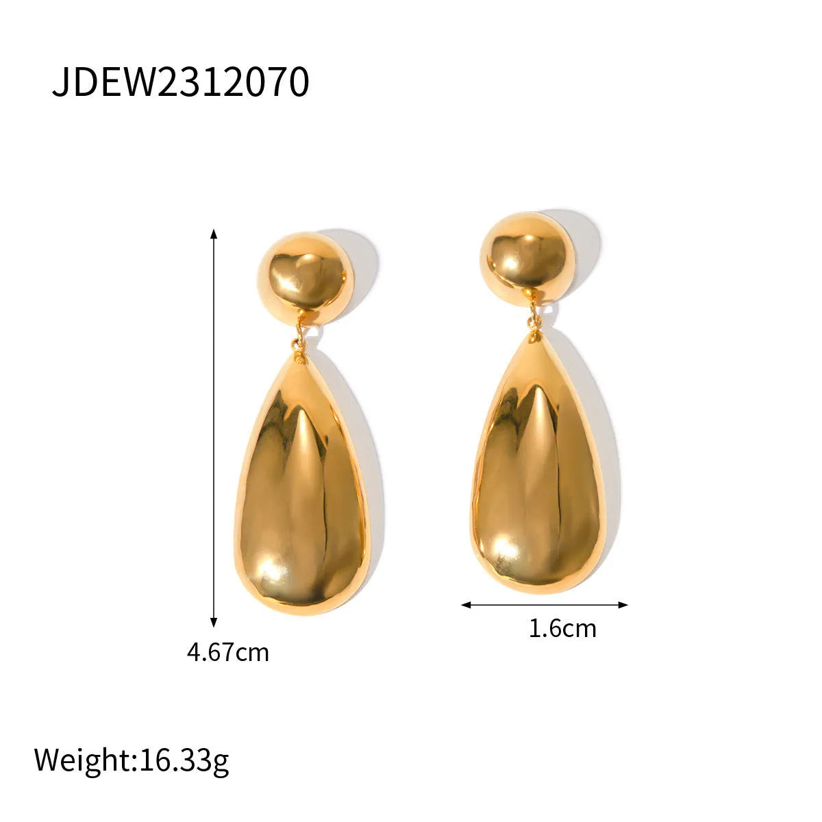 Gold electroplated stainless steel earrings with geometric hemisphere and water drop pendant design