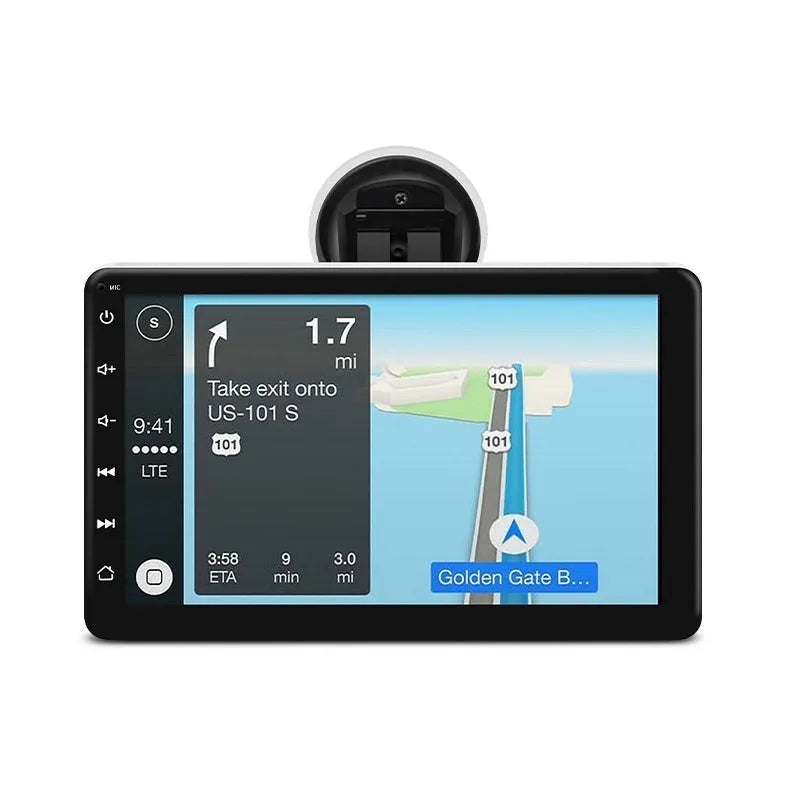 7-inch wireless CarPlay GPS navigation system with reversing camera on a car windscreen bracket.