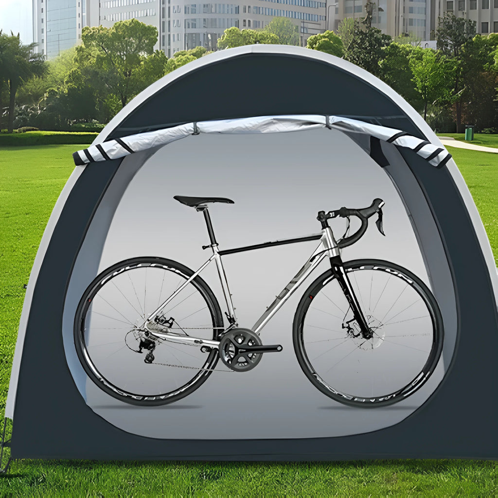 Black outdoor bicycle storage tent showing roof-style design suitable for 2-3 bicycles
