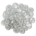 Close-up of a transparent, two-hole resin sewing button measuring 10mm in diameter.