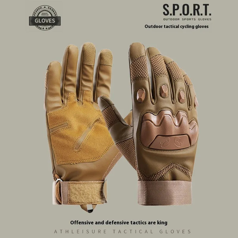 Men's black full finger tactical gloves with touchscreen pads on fingers, shown in sizes M, L, XL.