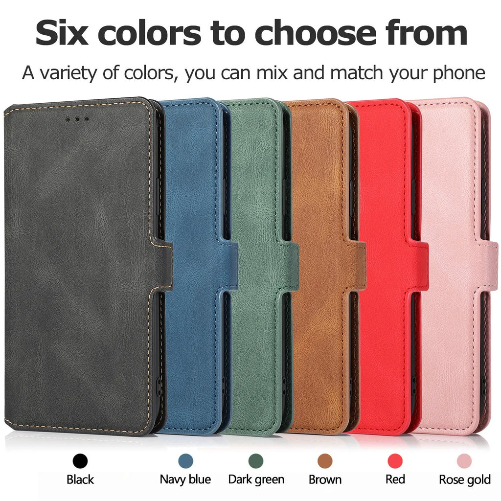 Samsung flip phone case with card slot, photo frame, bracket, and magnetic suction in black PU TPU
