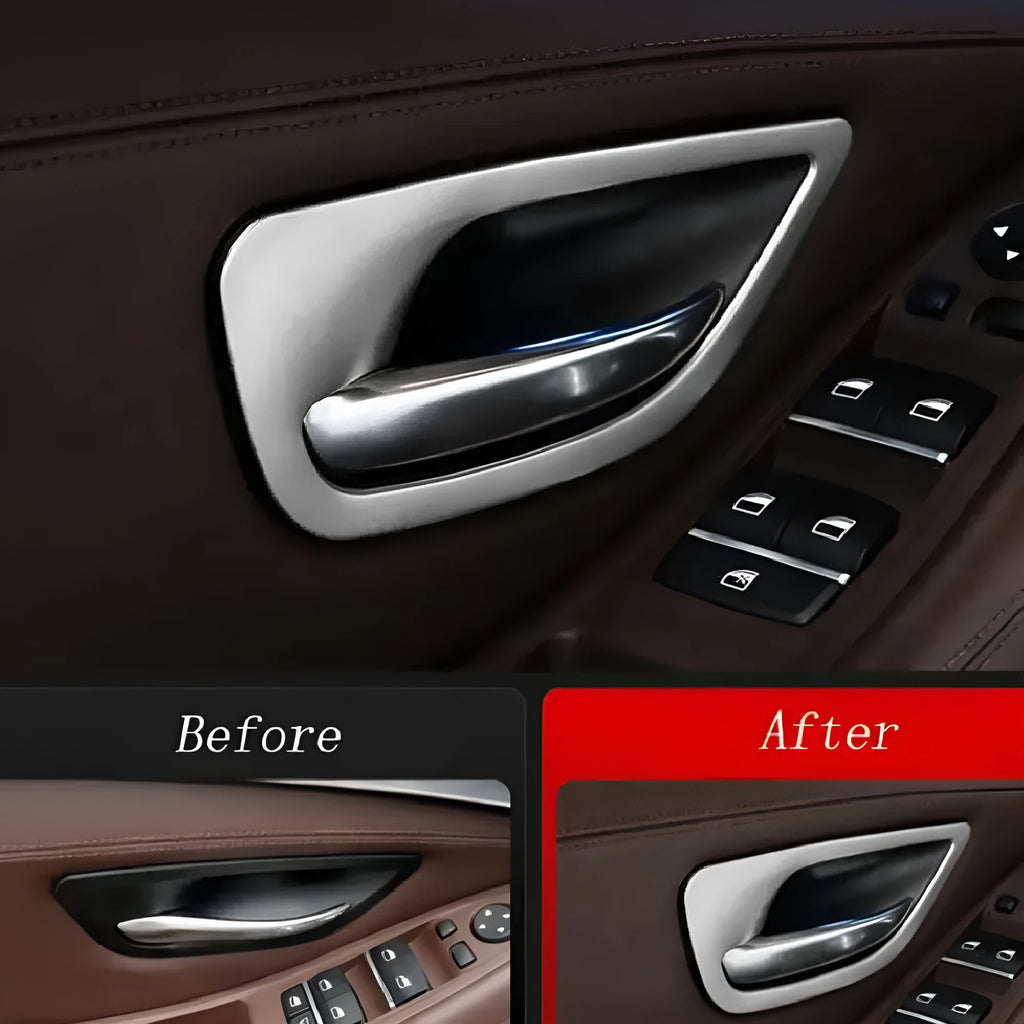 BMW 5 Series F10 F18 interior door handle decorative trim strips in ABS and stainless steel.