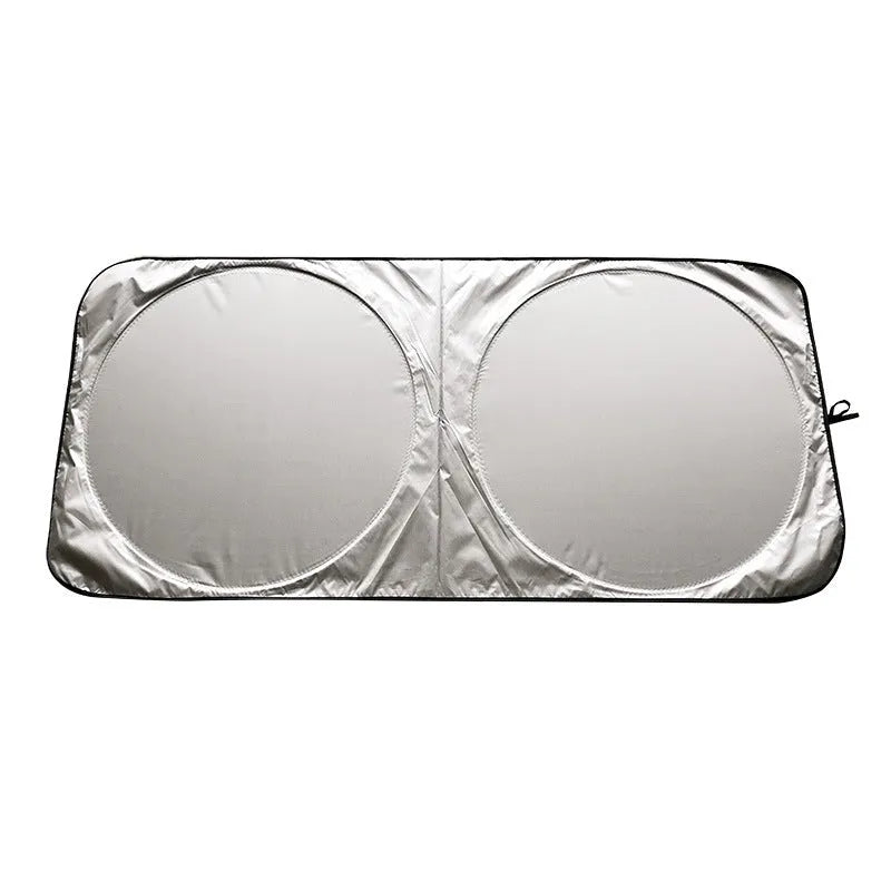 Silver reflective car sunshade measuring 190cm by 90cm folded in its cloth storage bag