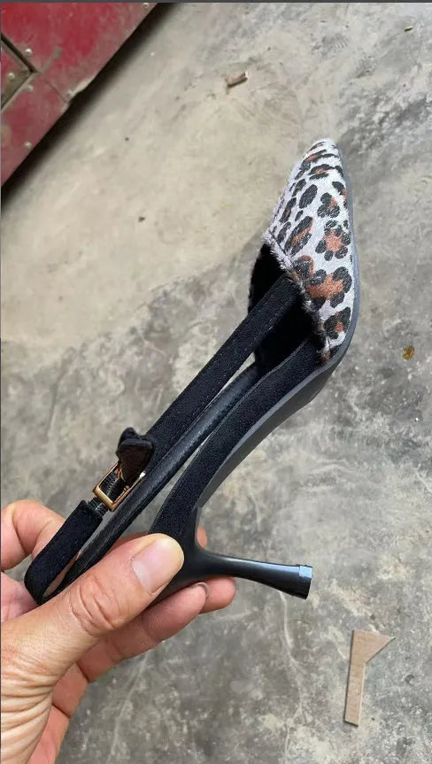 Leopard print suede women's pointed toe high heel sandals.