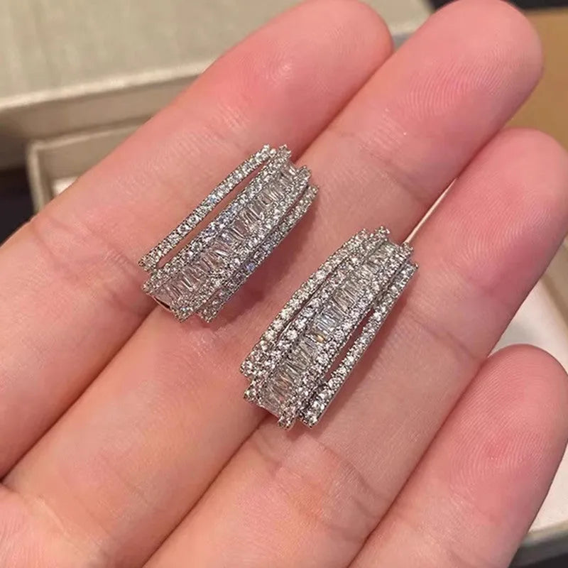 White gold colour geometric stud earrings with zircon inlaid design for women