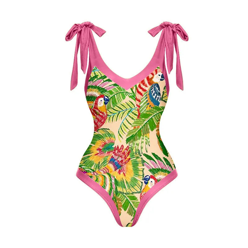 Pink floral print one-piece swimsuit with V-neck and attached skirt for women