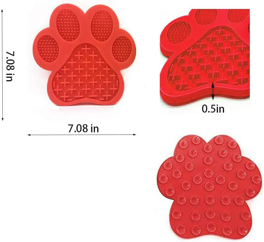 Blue silicone dog licking mat with suction cups on a tile surface, showing bone-shaped texture