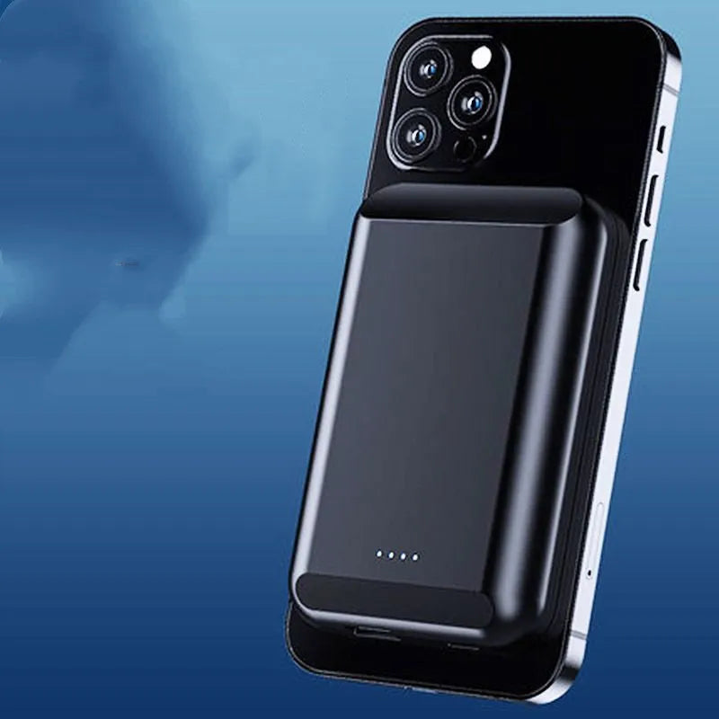 Magnetic wireless power bank measuring 85x55mm with 5000mAh capacity in multiple colour options