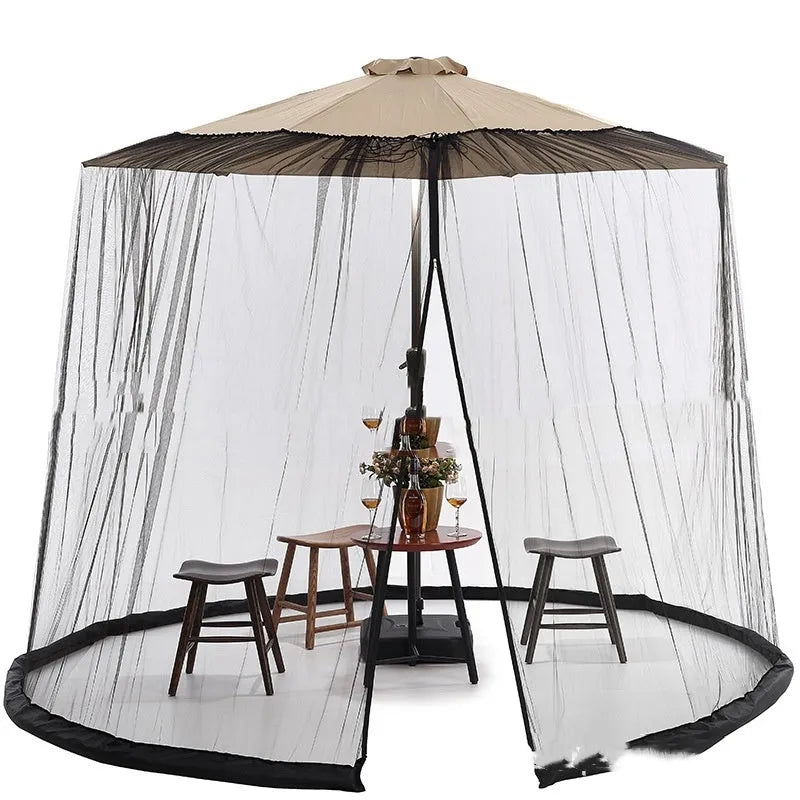 Outdoor soft fabric umbrella tent with mosquito netting in a garden setting, shown in beige colour.