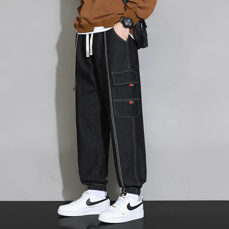 Men's retro workwear jeans in grey, black, blue, or retro colour, loose fit cotton trousers with zip fly, sizes M to 4XL.