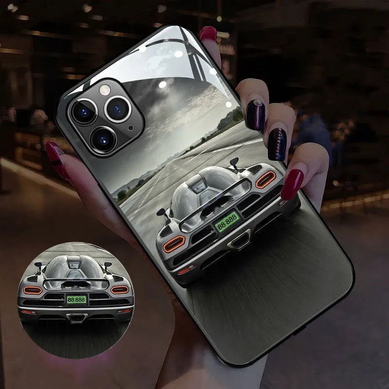 Luminous mobile phone case with call flash, TPU and glass back cover, available in multiple patterns for iPhone Samsung Xiaomi.
