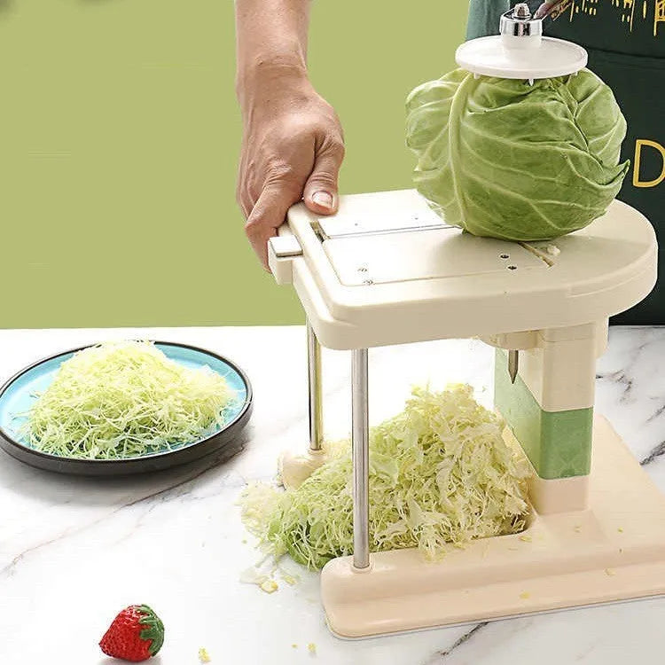 Beige kitchen slicer chopper with stainless steel blades for spiralizing, grating, and slicing vegetables