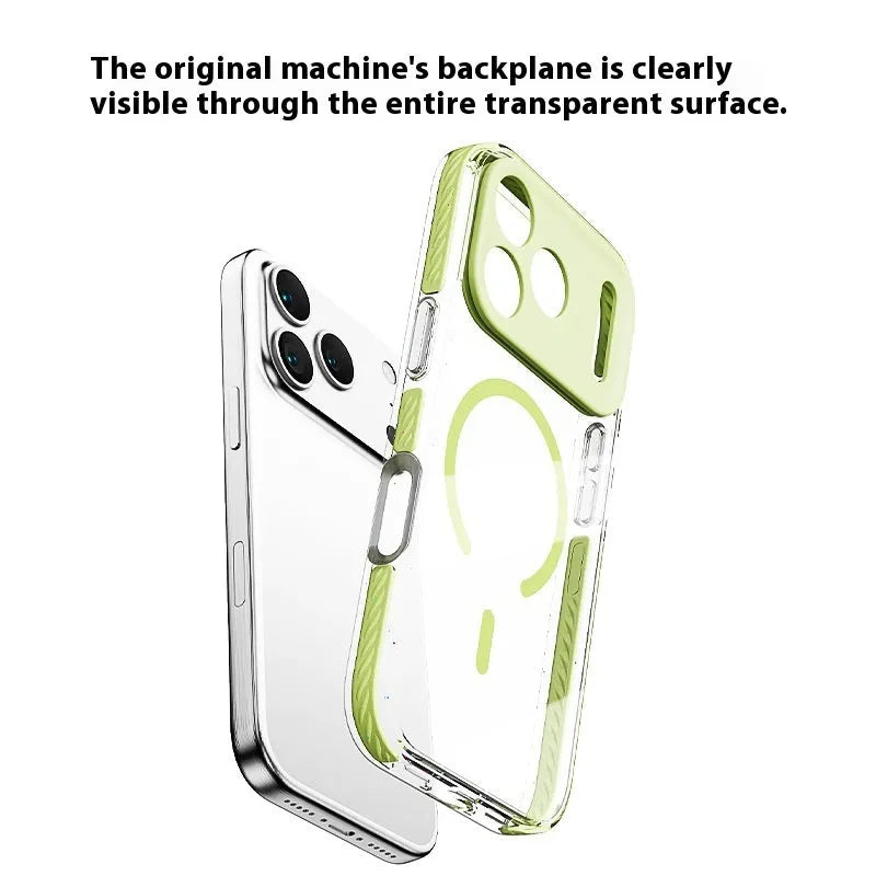 Magnetic transparent iPhone protective case in candy colours showing drop-resistant design