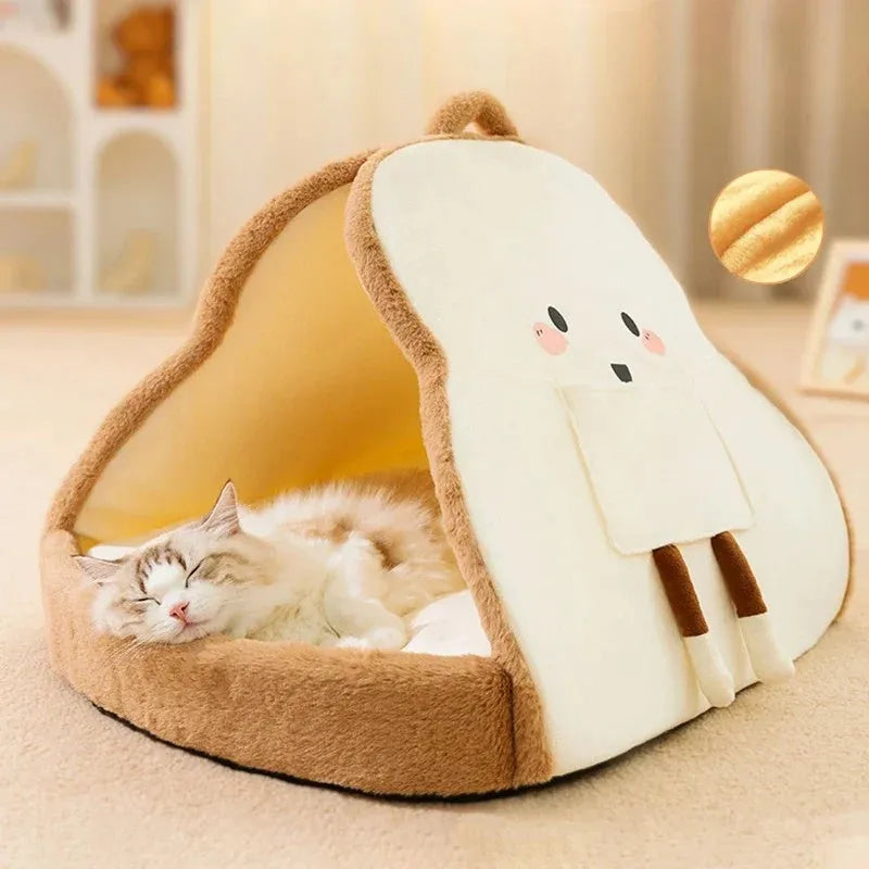 Green winter cat tent bed showing deep cave opening and soft interior, with size dimensions indicated
