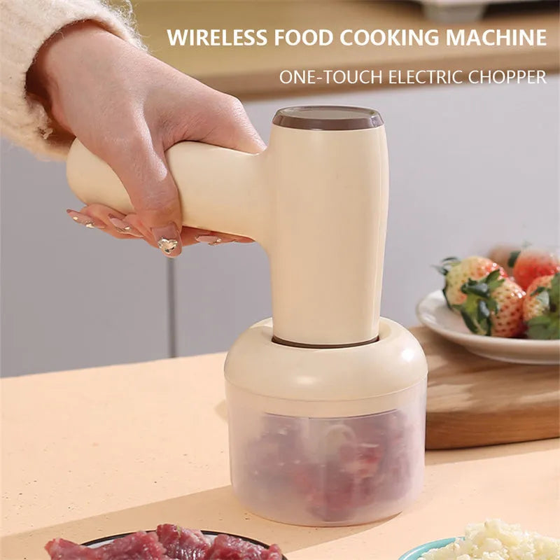 USB rechargeable electric garlic chopper with egg beater attachment in khaki or beige colour options