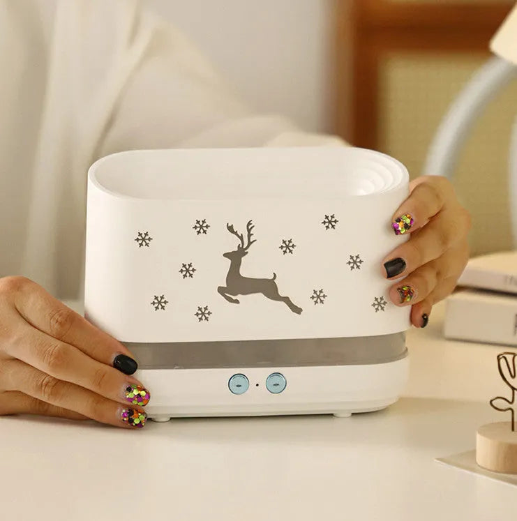 White round humidifier diffuser with glowing flame effect light and USB cable