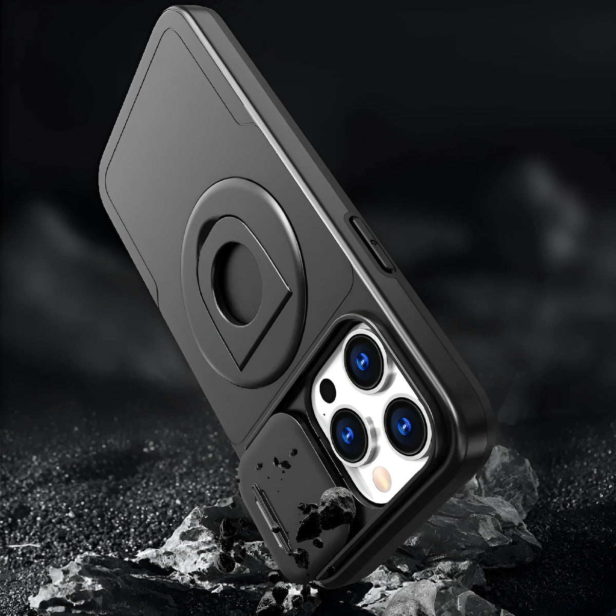 Sliding window magnetic ring phone case with rotating bracket for Apple iPhone in black, blue, red and purple