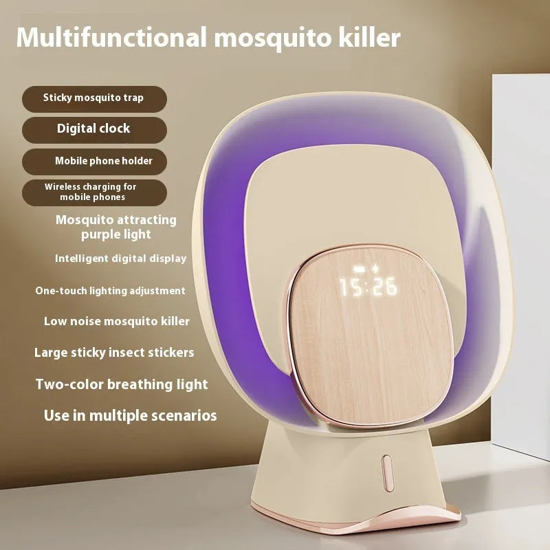 Wireless rechargeable mosquito killer lamp with ABS shell, clock, ambience light, and phone charging, 16.9 x 11.1 x 20.5 cm