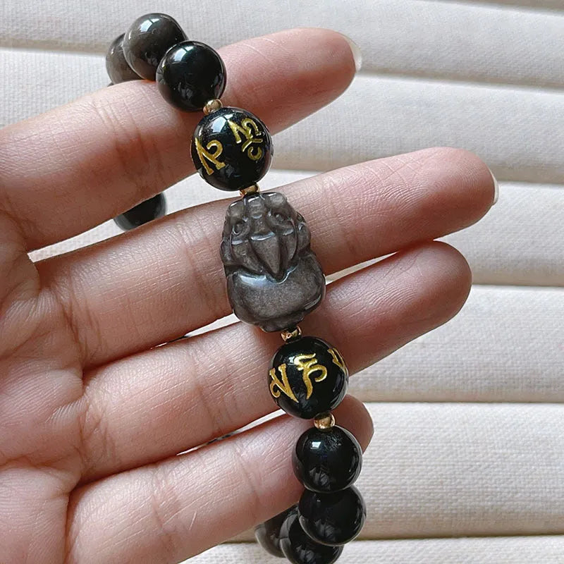 Men's silver stone bracelet with zodiac engravings and beaded design in Chinese style