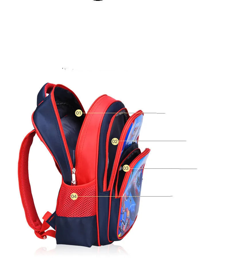 Blue cartoon school backpack with pencil case, showing front design and strap details