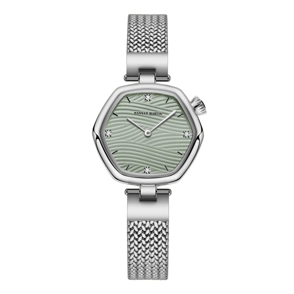 Women's hexagonal stainless steel watch, 30mm case, 7.2mm thick, 12mm strap, 220mm circumference, casual style.