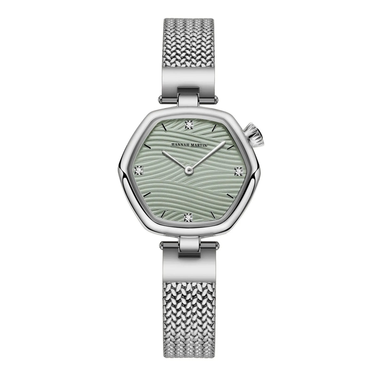 Women's hexagonal stainless steel watch, 30mm case, 7.2mm thick, 12mm strap, 220mm circumference, casual style.